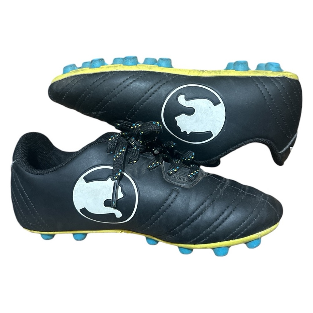 Puma Kids Black Soccer Cleats with Blue Studs and Yellow Trim